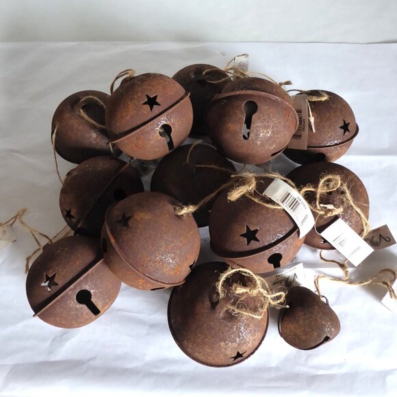 NEW 3” FARMHOUSE RUSTY METAL JINGLE BELL CHRISTMAS ORNAMENT LOT OF 13 - Picture 1 of 10
